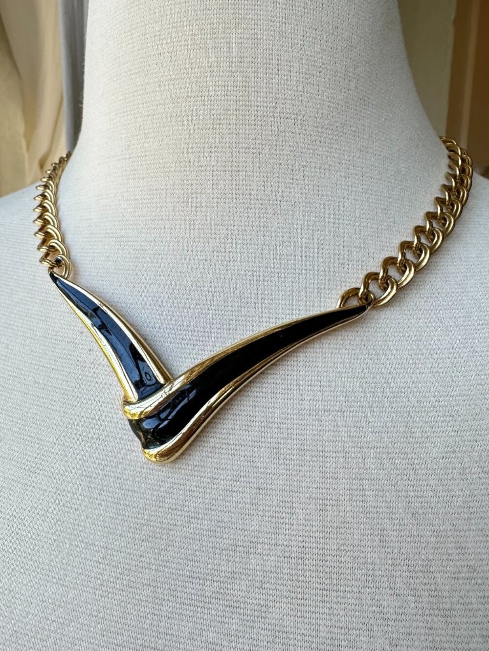 Vintage MONET Gold Tone Black Enamel Statement Necklace Modernist Choker
